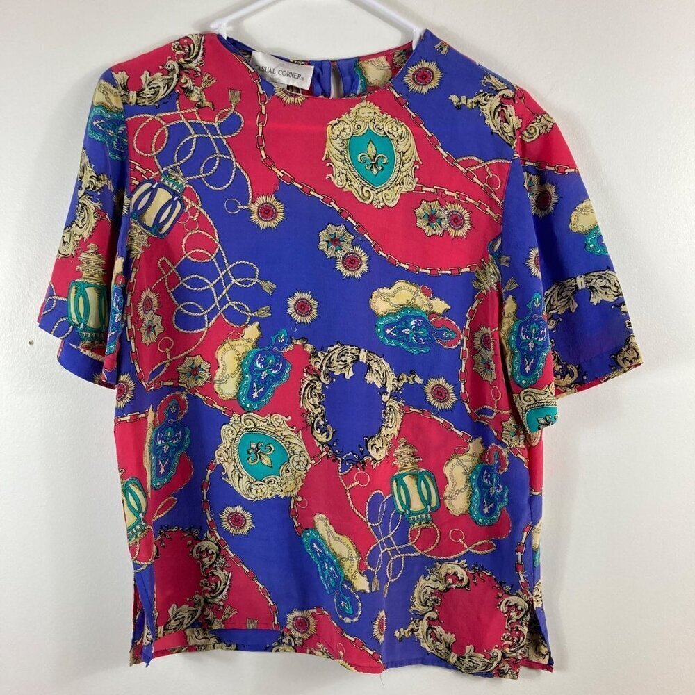 Womens Vintage Casual Corner SS Silk Top Pink Purple Pattern 12